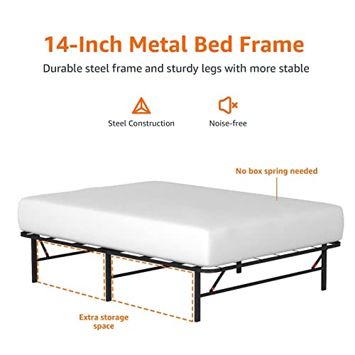 Amazon Basics Full Size Foldable Metal Bed Frame with Underbed Storage, 14 Inch, Noise-Free, Easy Assembly, Black