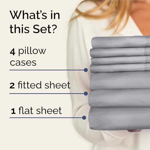 Split King Bed Sheet Set with 4 Pillowcases - Breathable Cooling Microfiber - Steel Blue, 7 Pieces