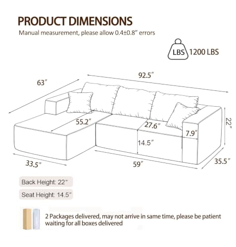 92.5" Modular L-Shaped Couch with Deep Seats & Removable Cover - Black