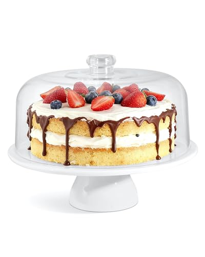 12-Inch Porcelain Cake Stand with Clear Acrylic Dome - White Pedestal