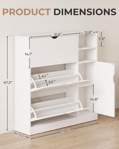 White Shoe Cabinet for Entryway with 3 Flip Drawers & Adjustable Side Shelf