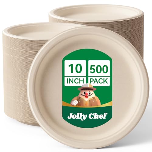 Compostable Heavy Duty 10 Inch Disposable Eco-Friendly Paper Plates - Pack of 500, Brown, Food Service