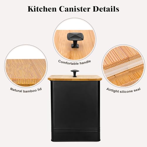 Kitchen Canisters Set of 3 - Black Metal Food Storage Containers with Airtight Lids & Chalkboard Labels