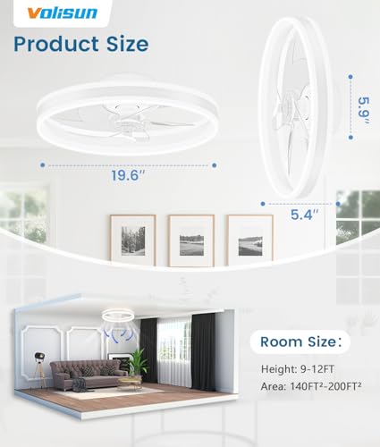 VOLISUN 20 Inch White Low Profile Ceiling Fan with Dimmable LED Lights and Remote - Flush Mount Fandelier for Bedroom