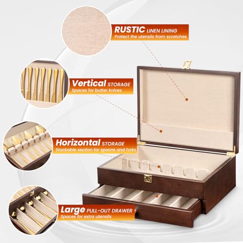 2-Layer Walnut Silverware Storage Box with Drawer and Linen Liner