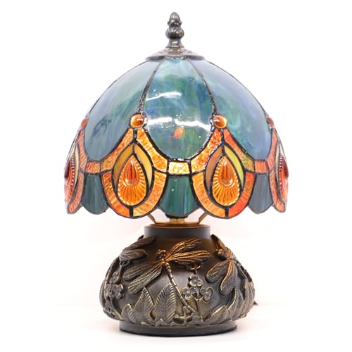 Mini Tiffany Mushroom Table Lamp - Peacock Crystal Accent Nightlight 11 Inch