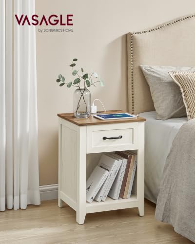 VASAGLE Farmhouse Nightstand with Charging Station - Rustic White + Honey Brown | 1 Drawer