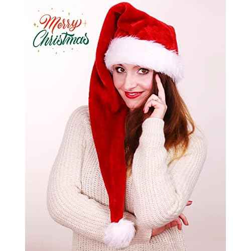Long Christmas Santa Hat for Adults Unisex Deluxe Plush Long Xmas Santa Claus Hats New Year Festive Holiday