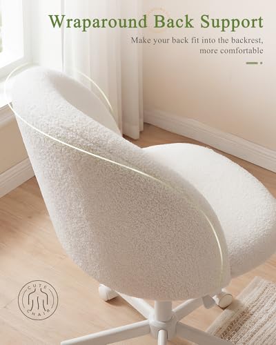 TV Cream Small Teddy Velvet Vanity Chair with Back & Bow Pillow - Adjustable Office Stool