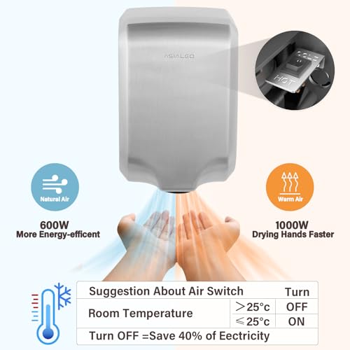 ASIALEO Brushed Stainless Steel Commercial Hand Dryer, ADA Compliant, Hot/Cold Air Switch, Wall-Mounted, 1000W