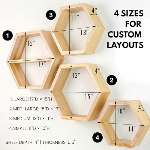 Natural Hexagon Floating Shelves Set of 4 - Honeycomb Wall Storage with Hardware