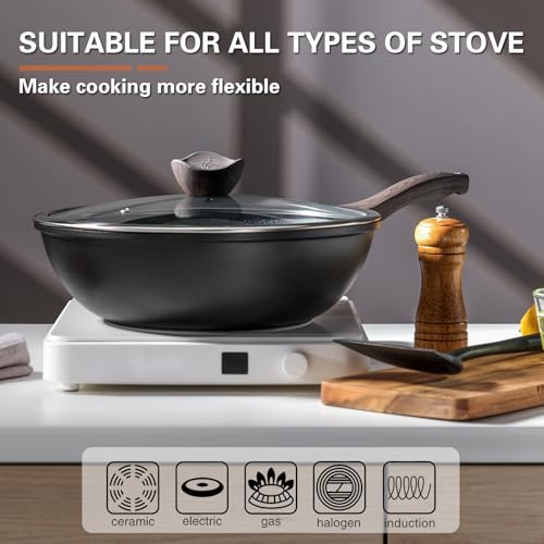 Kordisen 12 Inch Black Nonstick Wok with Lid - Granite Coating & All-Stove Compatible