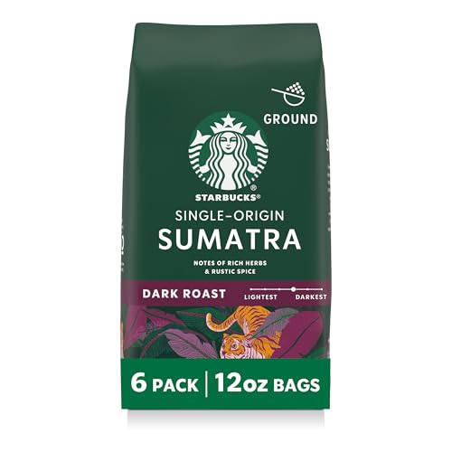 Starbucks Ground Coffee Sumatra Dark Roast - 6 Pack of 12 oz Bags - Single-Origin, Rich & Full-Bodied, Hot or Iced Brew Variation