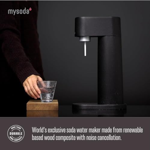 Mysoda Woody Sparkling Water Maker - Black, Eco-Friendly Carbonator with 1L Bottle - Noise-Free Nordic Design