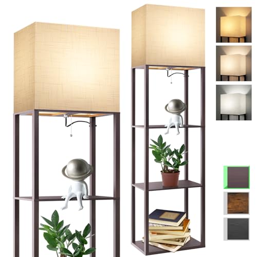 RUNTOP Plus Walnut Floor Lamp with Shelves, 15W LED, 3 Color Temp, Memory Function