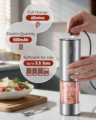 Rechargeable Salt and Pepper Grinder Set - Large Capacity, Silver