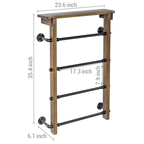 Wall-Mounted Towel Rack Ladder with Storage Shelf - Rustic Burnt Wood, Dark Brown