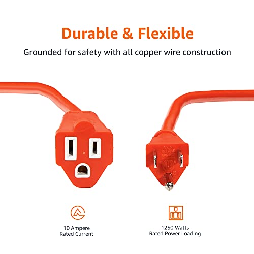 100 ft Outdoor Indoor Extension Cord - Heavy Duty Vinyl Power Cable, 3-Prong, Orange, 10 Amps