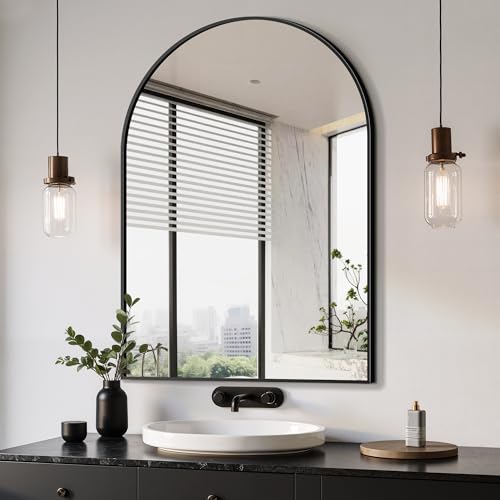 Delma Arched Bathroom Mirror, 28"x40", Black