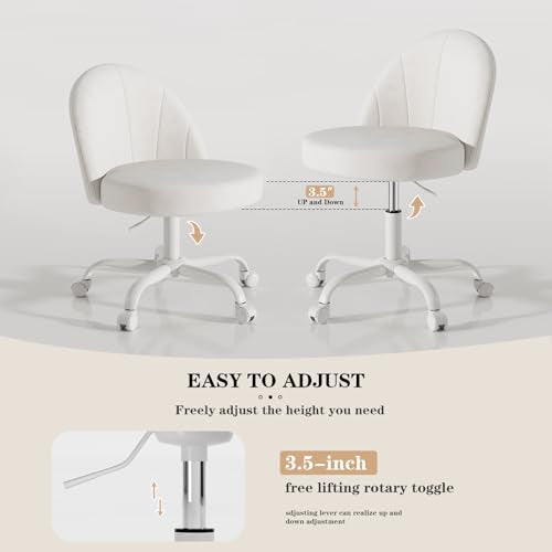Velvet Vanity Chair - White Swivel Desk Chair with Height Adjustment & Space-Saving Design