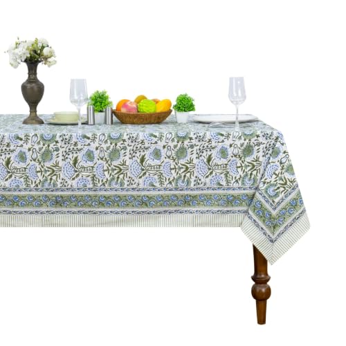 Sage Green Hand Block Print Cotton Square Tablecloth 60x60 Inches - Traditional Indian Design