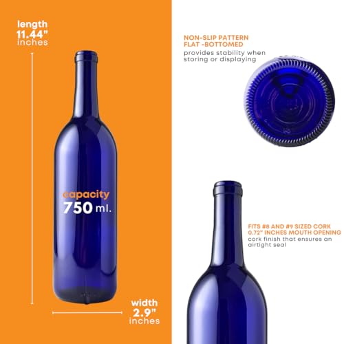 FastRack 750 ml Blue Wine Bottles (Pack of 6), Bordeaux/Flint Flat-Bottomed Glass Bottles Ideal for Wine Making and Storage - NO CORKS INCLUDED