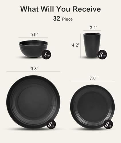 Black 32-Piece Dinnerware Set for 8 - Plates, Bowls, Cups, Service