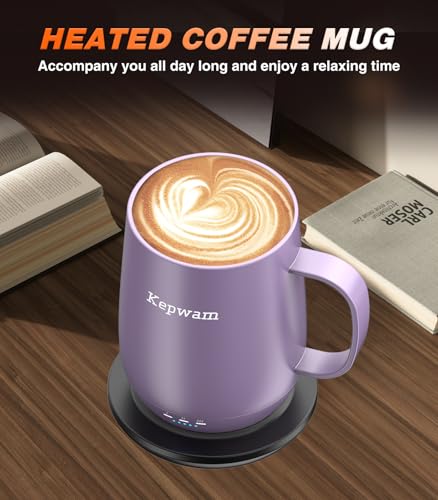 Kepwam Self Heating Coffee Mug T2, 16oz Smart Heated Coffee Mug, 150 Min Battery Life - Hot up to 149℉ Temperature Control Coffee Mug Warmer, Gifts for Dad Mom (No APP)