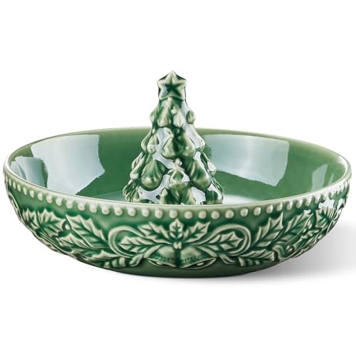 Metahom 8-Inch Christmas Tree Candy Dish – Ceramic Green Serving Bowl, Shallow 8"