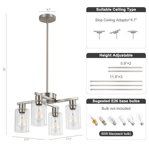 Xeruyiwa 4-Light Brushed Nickel Modern Glass Pendant Chandelier D18