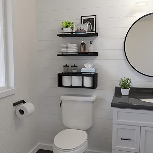 WOPITUES Black Floating Wall Shelves with Cube Shelf and Metal Rail - Over Toilet Bathroom Storage 15.7 inch