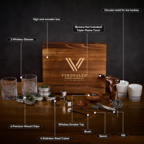 VYRONALEN Natural Whiskey Smoker Kit with Triple-Flame Torch & Glasses - Home Bar Set