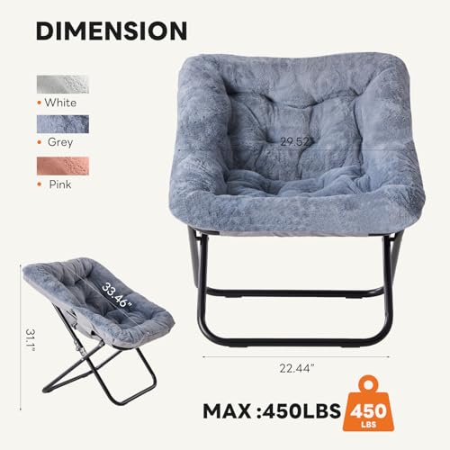 Grey Foldable Faux Fur Lounge Chair for Adults, Oversized Square Seat