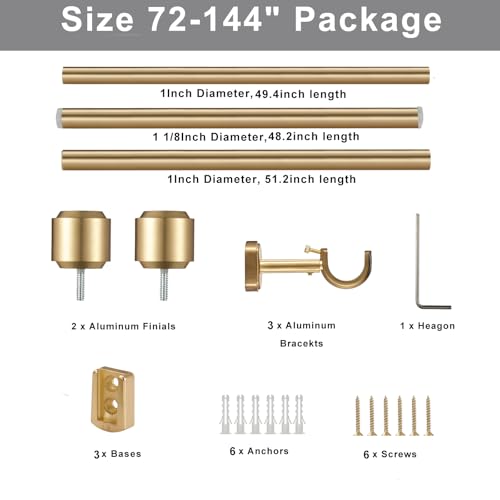 Heavy Duty Extendable Curtain Rod 1 1/8 Inch Diameter, Warm Gold, 72-144 Inches