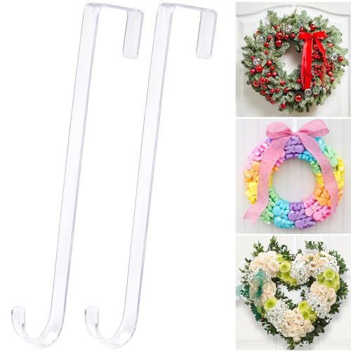12" Clear Wreath-Hanger Non Scratch Over The Door Hooks,2 Pack Easter Halloween Christmas Decoration Welcome Sign for Front Doors D?cor Inside Outside,Slim Hangers Organizer for Home