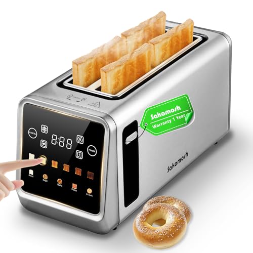 SAKAMOSH Silver 4-Slice Touch Screen Toaster with Wide Slots & Memory Function