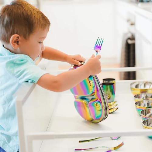 Rainbow Kids Stainless Steel Dinnerware Set - 5-Piece Toddler Plate Bowl Cup Fork Spoon - Safe Non-Toxic for Ages 1-5 (Variation: Rainbow / 5 Piece Set)