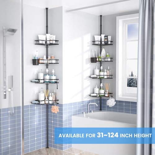 Aitatty Black Adjustable Shower Caddy Tension Pole Rustproof Corner Bathroom Shelf