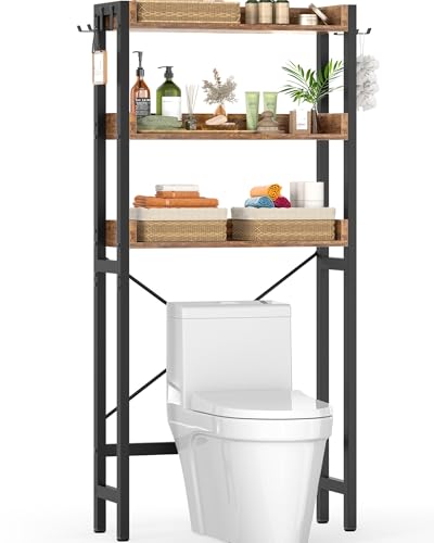 Ecoprsio Rustic Brown Over-The-Toilet Bathroom Storage Rack 3-Tier Organizer with Hooks
