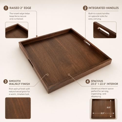 BARsics 24x24 inches Square Walnut Wooden Ottoman Tray, Large Living