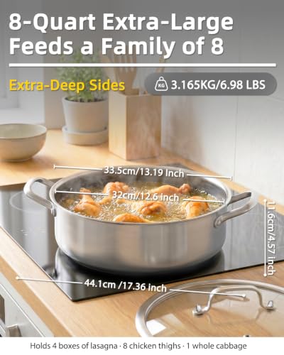 LOLYKITCH 8 QT Deep Frying Pan with Lid - 13 Inch Stainless Steel Skillet, Riveted Handles