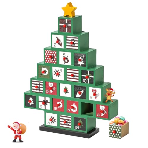 Wooden Advent Calendar with 24 Reusable Drawers Christmas Tree Decor