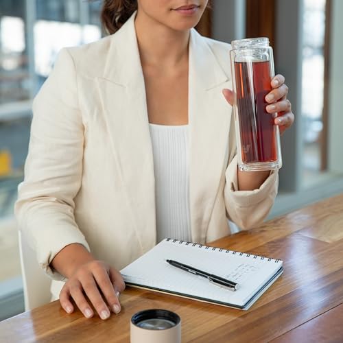 EVER VESSEL Glass Multi Tea Infuser Bottle 14oz - Double Wall Borosilicate Glass Flask | No Plastic Touches Contents | Perfect for Office or Home - Black