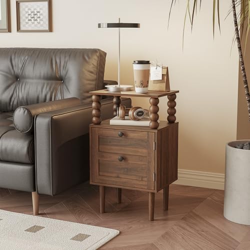 Veegle Retro Nightstand with Drawer - Walnut Brown Vintage Bedside Table