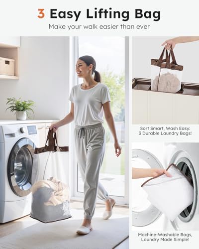 SOLEDI Off-White 180L Large 3-Section Laundry Hamper with Removable Mesh Bags