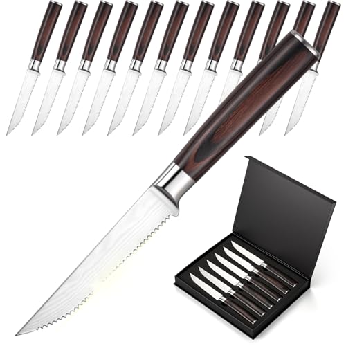 12-Piece Steak Knife Set with Pakkawood Handles - Sharp Serrated Blades, Gift Box