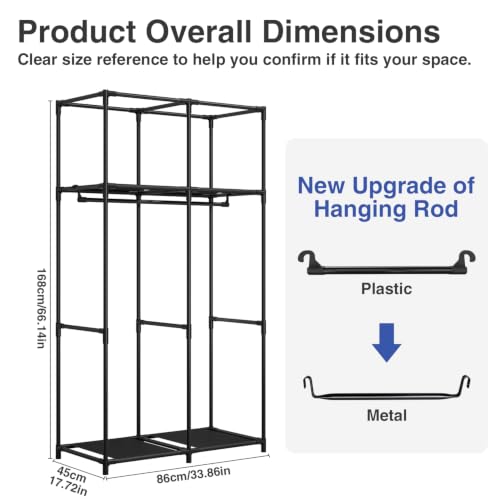 34 Inch Black Wardrobe Closet with Hanging Rods and Shelves - Large Capacity Storage