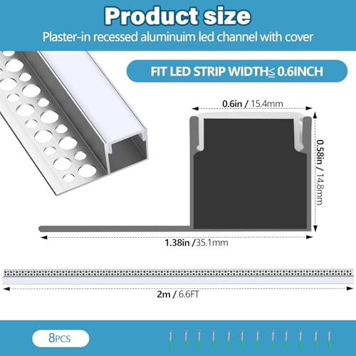 Glooglitter 8 Pcs 6.6ft (2m) LED Aluminum Channel Flush Fit for Wall Mounting
