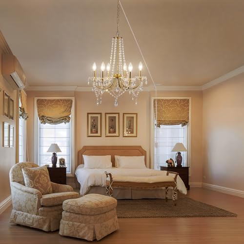 6-Light Gold Crystal Plug-In Chandelier with Long Cord - Modern Pendant Light for Dining Room Bedroom Living Room