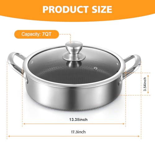 Stainless Steel 14 Inch Deep Saute Pan with Lid - 7QT Nonstick Frying Pan